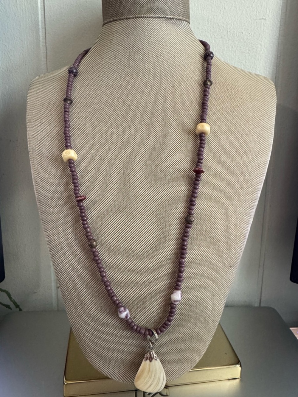 Handmade Purple Beaded Necklace with Shell Pendant